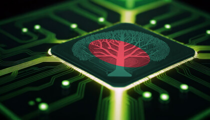 Fototapeta premium An electronic circuit board featuring a chip adorned with the Bangladesh flag. Concept of technological advancement, chip development for industrial applications