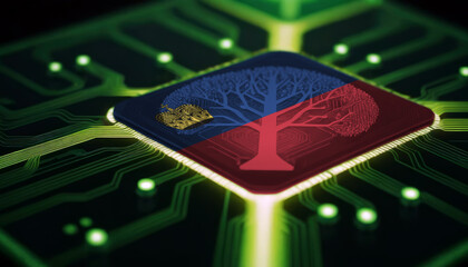 An electronic circuit board featuring a chip adorned with the Liechtenstein flag. Concept of technological advancement, chip development for industrial applications - obrazy, fototapety, plakaty
