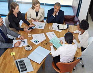 Business people, meeting and discussion with data analytics for finance with annual strategy,...