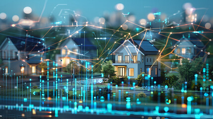 A digital interface displaying real-time property listings and market trends, with graphs and charts for analysis
