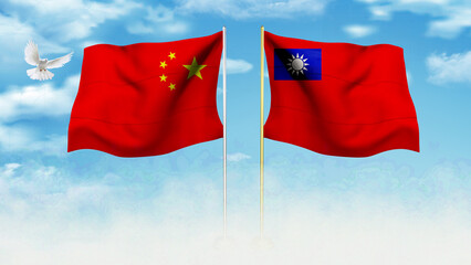 China and Taiwan flags waving in the wind, with a white dove flying in the blue sky between them. China vs Taiwan. China and Taiwan relations. Chinese and Taiwanese flags.