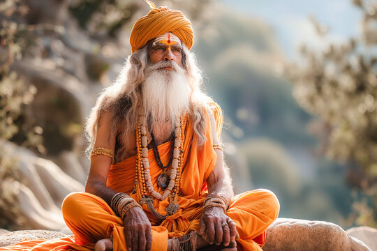 portrait of an old sikh man with long beard and hat or kesh, guru and spiritual master of the sikhism