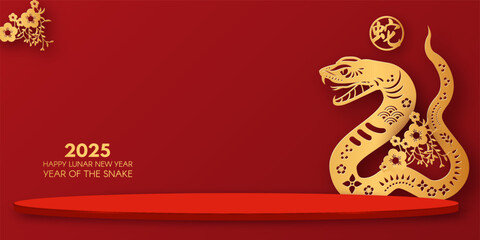3d Podium round stage for Happy Chinese New Year 2025 with Snake sign. Lunar calendar. Season offer. Chinese text means "Snake".