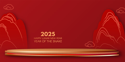3D round showcase with red and gold Chinese mountains. Circle podium with Asian design elements. Lunar new year offer.