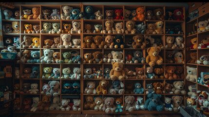 A room with a wall of cubbies filled with stuffed animals.