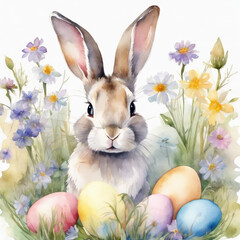 Watercolor illustration of A little rabbit with Easter eggs on the background of a fresh, green spring landscape.