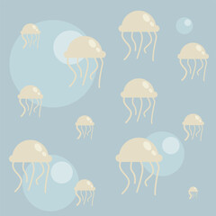 Blue Background with Jellyfishes and Bubbles, Flat Style Illustration