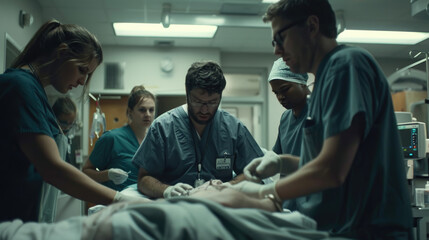 Obraz premium A group of medical personnel in scrubs and coats standing around a man lying in a hospital bed, examining him and discussing his condition