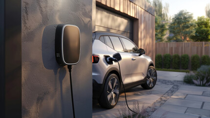 EV Power supply for electric car portable charging station near the house, home garage station