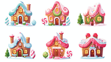 Candy houses set. Fairy tale buildings with whipped