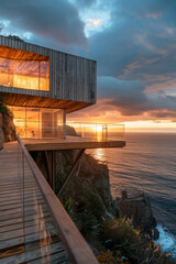 A modern wooden architecture with frameless glass built on a steep cliff with a coastal view, beautiful sunset 
