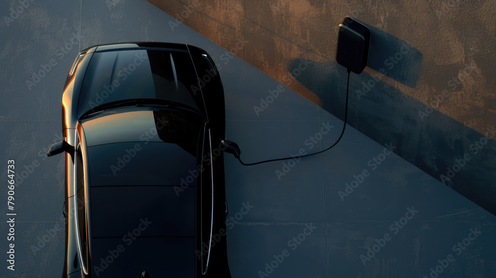 Wall mural EV Power supply for electric car portable charging station, car is charging on the wall