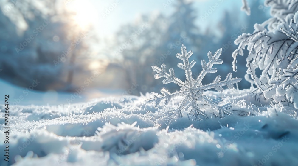 Sticker snowflakes scattered on snowy ground near trees