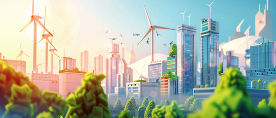 A modern metropolis with towering buildings powered by clean and sustainable energy sources for all.