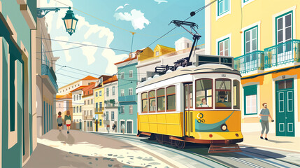 Naklejka premium copy space, illustration, handdrawn cartoon style, Photo of a tram in Lisbon, Portugal with people walking in the street and buildings along the streets. daylight. An old yellow tram moving down cobbl