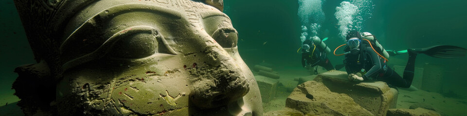 Group of scuba divers exploring underwater next to a statue