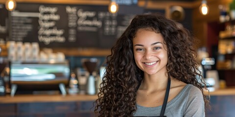 Photograph of woman smiling, relaxed, and thrilled about startup, firm, and vision against mockup background. Face, entrepreneur, and Brazilian girl optimistic about copy space vision - obrazy, fototapety, plakaty