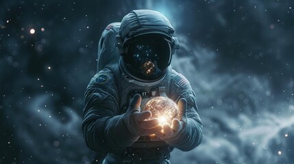 A man wearing a spacesuit, holding a glowing globe in his hands as he floats in the void of space - obrazy, fototapety, plakaty