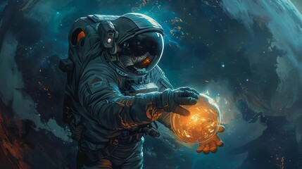 A man wearing a spacesuit, holding a glowing globe in his hands as he floats in the void of space