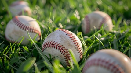 Outdoor sports training, fitness, and team sports with baseball, grass, and ball. Health, performance, and physical workout challenge with softball, balls, and field before match.