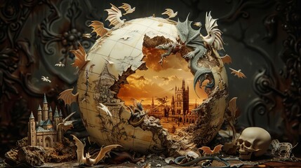 A fantasy scene, an ivory globe splitting open to reveal an entire realm with dragons, castles and magic inside