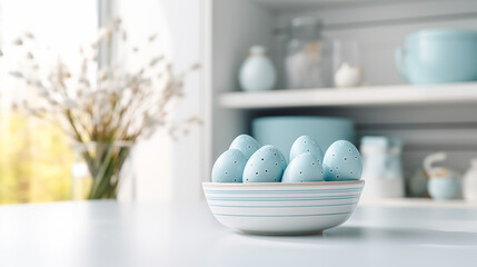 Obraz premium Easter eggs In the background is a blue Scandinavian style kitchen. The concept of home comfort and decor for the bright holiday of Easter 2024