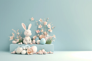 Easter poster with a bunny, flowers and eggs, pastel colors, modern, 3D