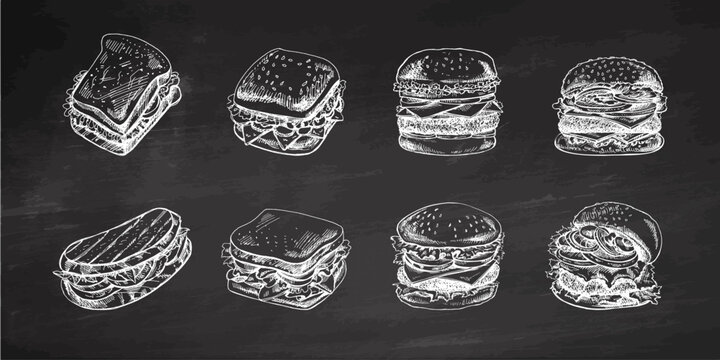 Burgers and sandwiches set on chalkboard background. Hand-drawn monochrome sketches of different burgers and sandwiches with bacon, cheese, salad, tomatoes, cucumbers etc.