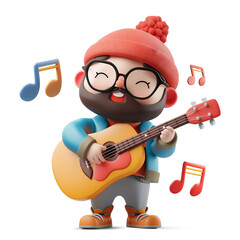 3d cute cartoon character a man playing a guitar