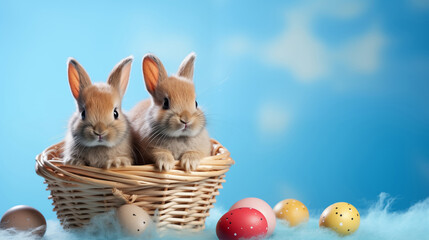 Rabbits Easter eggs in a basket on a blue background.