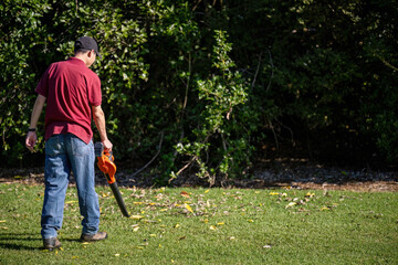 Man cleaning autumn leaves using a leaf blower on the lawn. Auckland. - 790665522