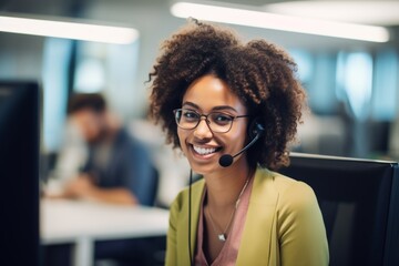 Portrait of confident young mixed-race call center telemarketing agent chatting on headset with coworkers in backdrop. Face of customer service and sales helpdesk manager and supervisor. - obrazy, fototapety, plakaty