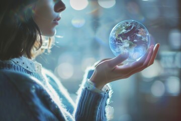 Fototapeta premium Night office businesswoman, hand, or world hologram on globalization commerce, networking software, or smart globe. Zoom, personnel, and Earth, abstract or future worldwide investment