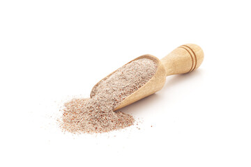 Front view of a wooden scoop filled with Organic Ragi Flour (Eleusine coracana) or Finger Millet...