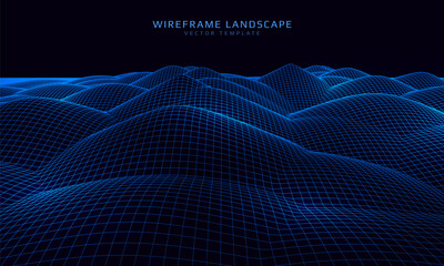 Wireframe landscape. Futuristic 3d mesh background. Digital hills technology. Vector illustration.