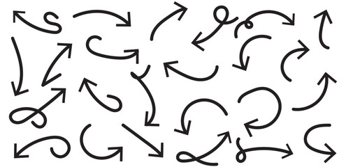 Set of black hand drawn arrows isolated on white. Vector illustration. Hand drawn doodle sketch style. Decoration for web design