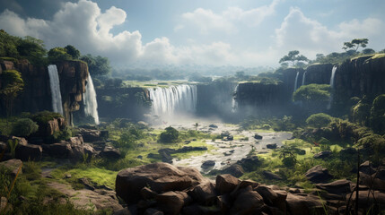 beautiful natural scenery with a waterfall from the top of the hill