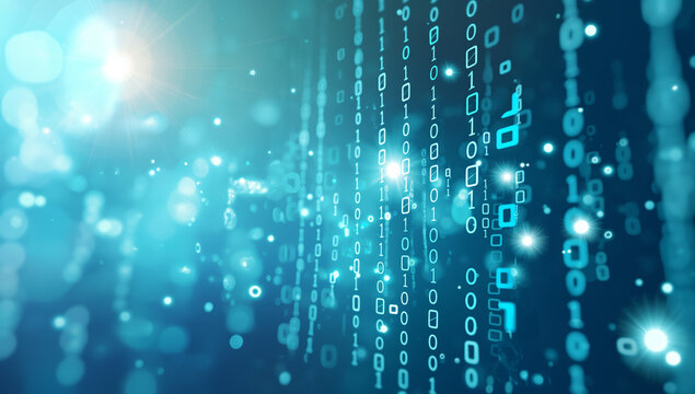 Binary Code Cascade with Blue Light Flares
