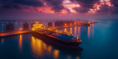 Liquified Natural Gas LNG ship tanker anchored in gas tank storage terminal port. Oil Crude Gas Tanker Ship