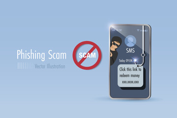SMS phishing scam, cyber attack and digital crime. Hacker online phishing scam on SMS fraud link. Online crime steal money from mobile user. Vector.
