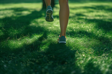 Running Feet on Green Grass with Shadows 