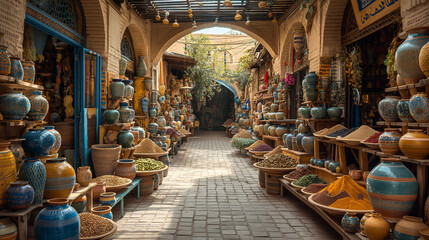Fototapeta na wymiar 15. Arabic Market Bazaar: A bustling bazaar filled with vendors selling exotic spices, handcrafted ceramics, and intricately woven textiles, with vibrant colors and ornate Arabic s
