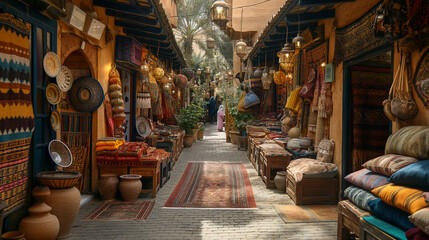 Fototapeta premium 15. Arabic Market Bazaar: A bustling bazaar filled with vendors selling exotic spices, handcrafted ceramics, and intricately woven textiles, with vibrant colors and ornate Arabic s