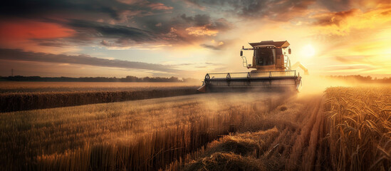 Fototapeta premium Agricultural Combine Harvester Working in a Wheat Field at Sunset