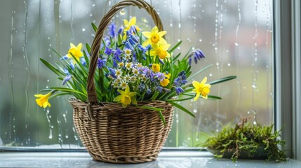 A basket of flowers on a windowsill