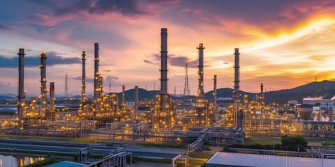 Obraz premium Oil refinery plant landscape. Refinery factory oil storage tank and pipeline steel. Aerial view oil and gas petrochemical industrial.