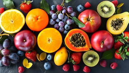 Colorful Symphony of Fruits: Vitality and Harmony. Concept Fruit Photography, Vibrant Colors, Healthy Eating, Artistic Compositions, Nutritious Snacks