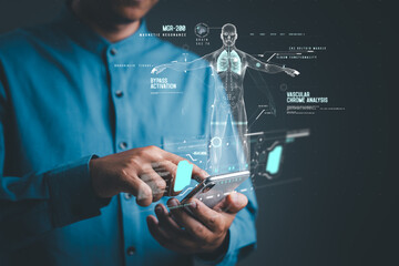 Doctor tap smartphone to display data digital x-ray of anatomy human holographic scan projection showing real-time data of people being examined, medical technology will make treatment more effective