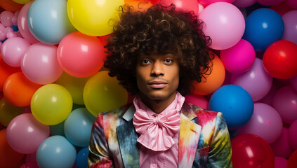 Obraz premium Man with curly hair and colorful suit against balloon backdrop