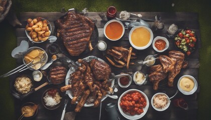 An outdoor grill party with condiments arranged neatly.